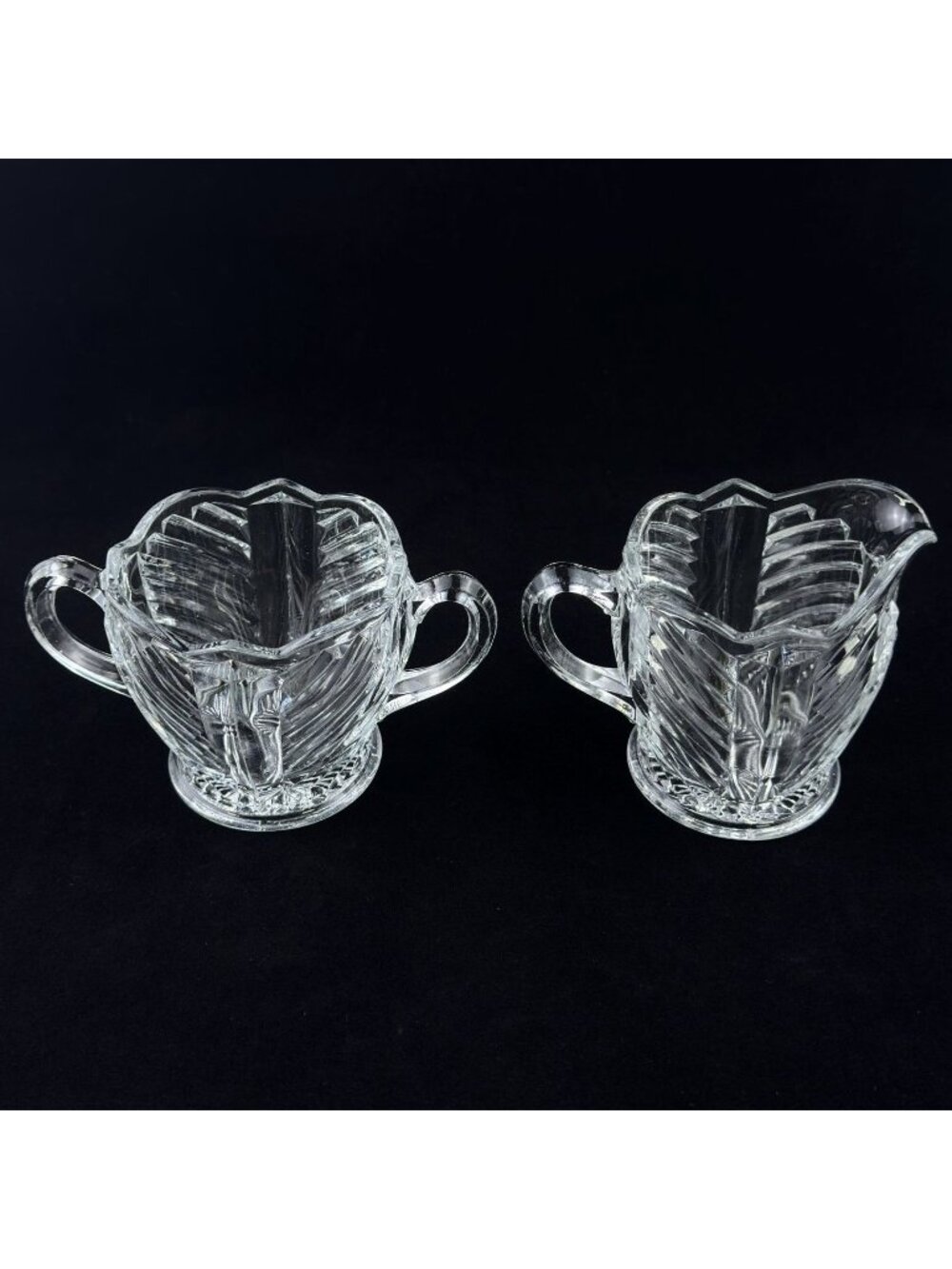 Vtg Clear Pressed Glass Creamer Sugar Bowl Set Scalloped Fan Starburst Handles
